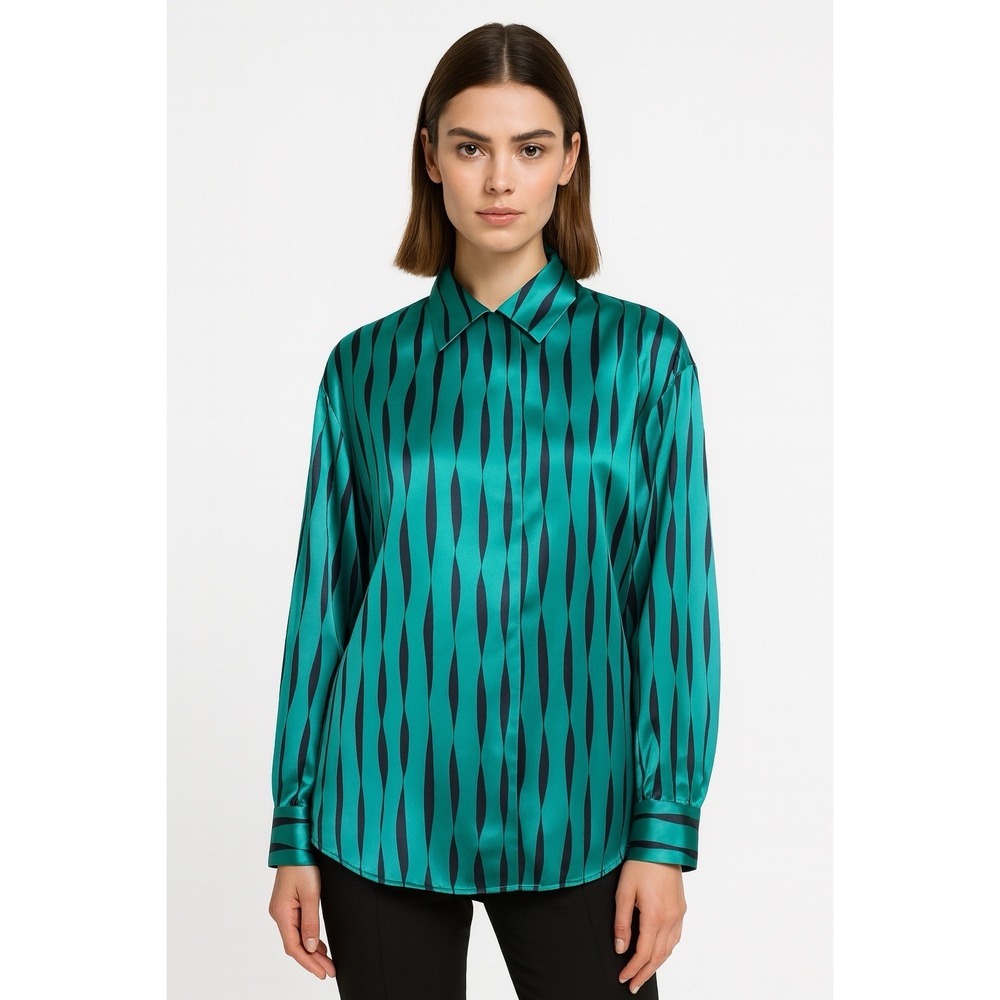 Jebb‎ Levy Women's Blouse Size 6 Teal Satin Striped Long Sleeve Button Front
